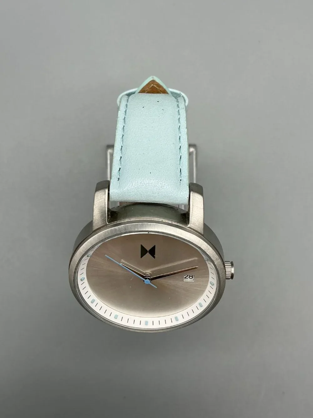 MVMT Skyline Womens Watch 38mm Silver Tone Blue Leather Band New Battery
